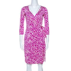 Pre Owned Diane Von Furstenberg Pink Printed Silk New Julian Two Wrap Dress XS