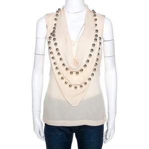 Pre Owned Diane Von Furstenberg Cream Silk Silver Balls Embellished Amya Solid Top L