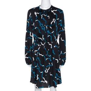 Pre Owned Diane Von Furstenburg Black and Blue Silk Printed Lindi Dress M