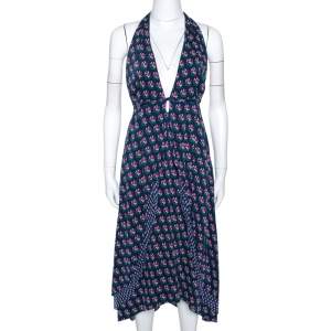 Pre Owned Diane Von Furstenberg Navy Blue Zen Floral Print Silk Leyland Halter Dress XL