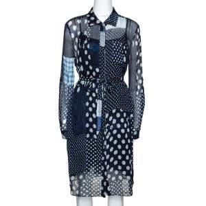 Pre Owned Diane Von Furstenberg Indigo Patchwork Print Silk Prita Long Shirt Dress L