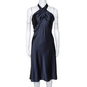 Pre Owned Diane Von Furstenberg Midnight Blue Stretch Silk Halter Neck William Dress M