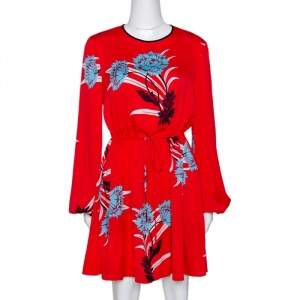 Pre Owned Diane von Furstenberg Red Floral Print Stretch Silk Mini Dress M