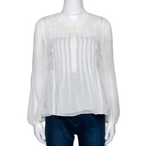 Pre Owned Diane von Furstenberg Cream Silk Pintuck Detail Jayne Blouse S