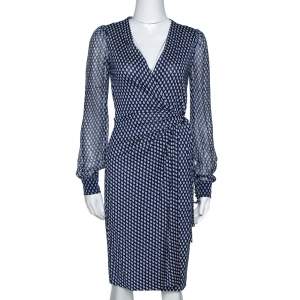 Pre Owned Diane Von Furstenberg Navy Blue Printed Silk Sigourney Two Wrap Dress S