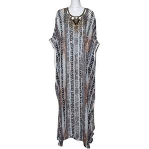 Pre Owned Diane von Furstenberg Black Printed Silk Clare Beaded Tech Maxi Kaftan L