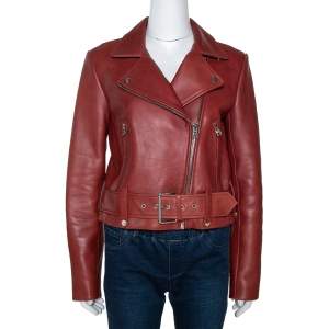 Pre Owned Diane von Furstenberg Wine Red Leather Cropped Biker Jacket M