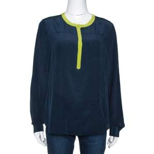 Pre Owned Diane Von Furstenberg Naval Blue Silk Contrast Trim Maisy Blouse L