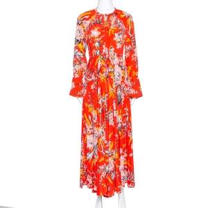 Pre Owned Diane von Furstenberg Red Printed Silk Bethany Cinch Sleeve Maxi Dress XS