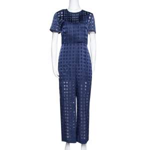 Diane von Furstenberg Navy Blue Check Patterned Satin Jumpsuit M