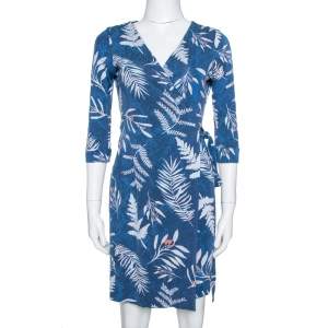 Pre Owned Diane Von Furstenberg Blue Printed Knit New Julian Two Wrap Dress S