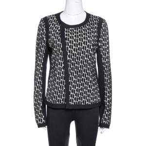 Pre Owned Diane Von Furstenberg Black & Cream Textured Knit Patricia Hounds Jacket L 