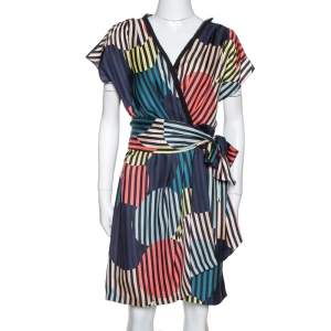 Pre Owned Diane von Furstenberg Multicolor Printed Silk Belted Rilla Dress L