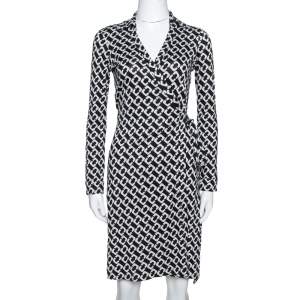 Pre Owned Diane Von Furstenberg Black Chain Link Silk New Jeanne Two Wrap Dress S