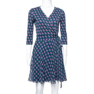 Pre Owned Diane von Furstenberg Navy Blue Floral Print Silk Irina Wrap Dress S