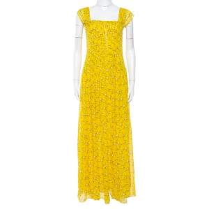 Pre Owned Diane von Furstenberg Yellow Floral Print Silk Lillie Maxi Dress M