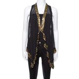 Pre Owned Diane von Furstenberg Black Silk Gold Sequin Embellished Ellowyn Vest M