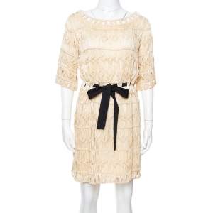 Pre Owned Diane von Furstenberg Cream Crochet Macrame Solar Belted Dress M