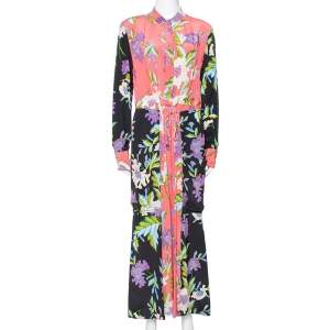 Pre Owned Diane von Furstenberg Coral Pink Floral Print Silk Crepe Maxi Dress L