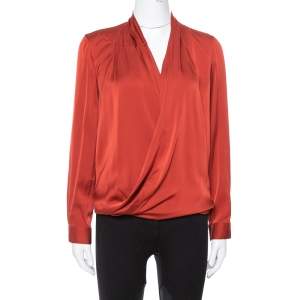 Pre Owned Diane von Furstenberg Burnt Orange Silk Cross Over Front Issie Blouse S