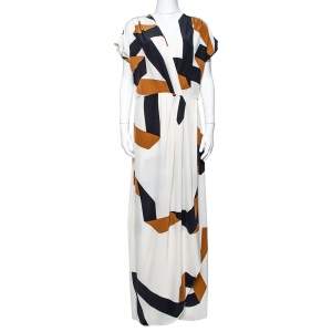 Pre Owned Diane Von Furstenberg Cream Ribbon Print Silk Ethyl Maxi Dress M