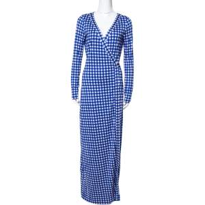 Pre Owned Diane Von Furstenberg Blue Gingham Silk Jersey New Julian Wrap Dress M