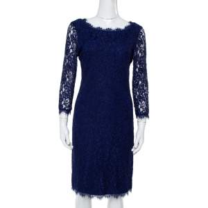 Pre Owned Diane Von Furstenberg Navy Blue Lace Zarita Long Sleeve Dress M