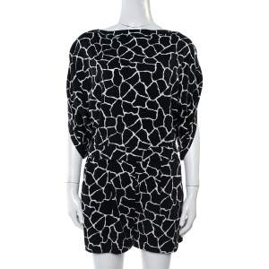 Pre Owned Diane Von Furstenberg Black/White Silk Blend Soleil Slit Back Romper S 
