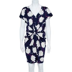 Pre Owned Diane Von Furstenberg Blue/White Floral Print Silk Jersey Draped Nobuko Dress L