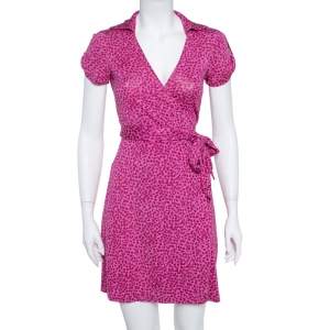 Pre Owned Diane von Furstenberg Pink Printed Silk Jilda Two Wrap Dress S