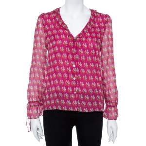 Pre Owned Diane von Furstenberg Bright Pink Silk Floral Print Kirsty Blouse XS