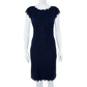 Pre Owned Diane Von Furstenberg  Navy Blue Lace Detail Dress L