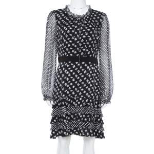 Pre Owned Diane Von Furstenberg Monochrome Floral Printed Silk & Ruffle Detail  Fionna Maxi Dress L