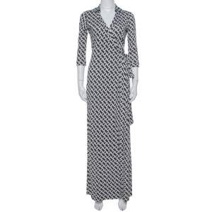 Pre Owned Diane Von Furstenberg Monochrome Collared Abigail Maxi Wrap Dress S