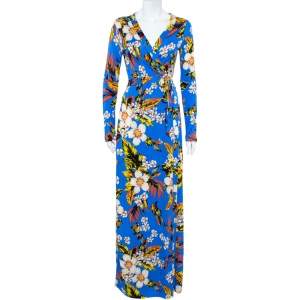 Pre Owned Diane Von Furstenberg Blue Floral Printed Silk Maxi Wrap Dress M