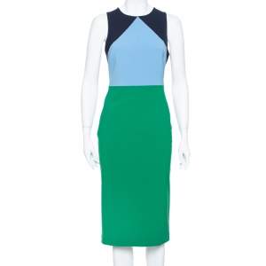 Pre Owned Diane Von Furstenberg Blue & Green Color Block Wool Sheath Dress M