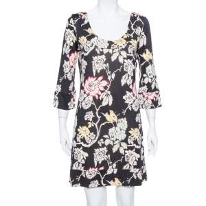 Pre Owned Diane von Furstenberg Black Floral Printed Silk Knit Shift Dress L