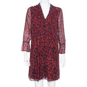 Pre Owned Diane von Furstenberg Red & Navy Blue Silk Pintuck Detail  Kourtini Shift Dress M 