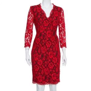 Pre Owned Diane Von Furstenberg Red Lace Scallop Detail Wrap Dress M