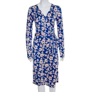 Pre Owned Diane Von Furstenberg Blue Floral Printed Knit Midi Wrap Dress M