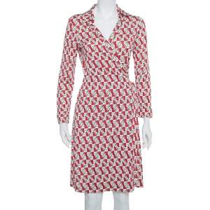 Pre Owned Diane Von Furstenberg Cream & Red Knit Logo Printed New Jeanne Wrap Dress L