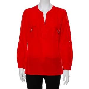 Pre Owned Diane Von Furstenberg Red Silk Pocket Detail Danielle Top S
