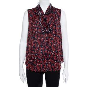 Pre Owned Diane Von Furstenberg Red & Navy Blue Printed Silk Neck Tie Detail Fernanda Tank Top L