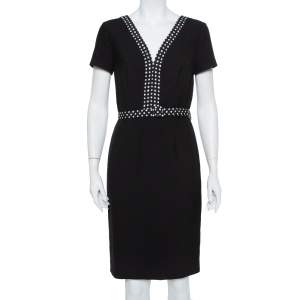 Pre Owned Diane Von Furstenberg Black Knit Contrast Trim Detail Belted Maisie Dress M