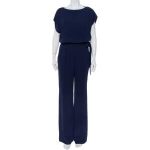Diane Von Furstenberg Navy Blue Crepe Boat Neck Belted Sandra Jumpsuit M