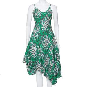 Pre Owned Diane Von Furstenberg Green Animal printed Silk Asymmetric Hem Midi Dress M