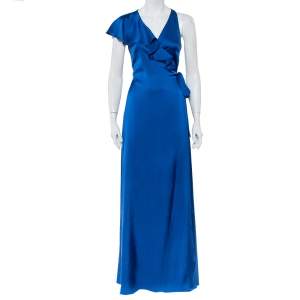 Pre Owned Diane Von Furstenberg Royal Blue Satin Ruffled Wrap Long Dress S