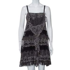 فستان ميني ديان فون فرستنبيرغ حرير أسود مطبوع بحواف دانتيل طبقات مقاس متوسط - ميديوم