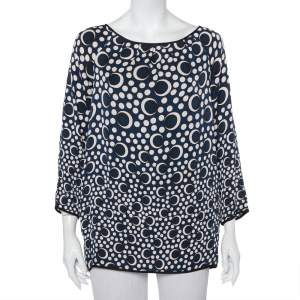 Pre Owned Diane Von Furstenberg Navy Blue Printed Silk Top M