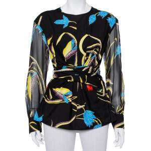 Pre Owned Diane Von Furstenberg Black Printed Cotton & Silk Waist Tie Detail Top M